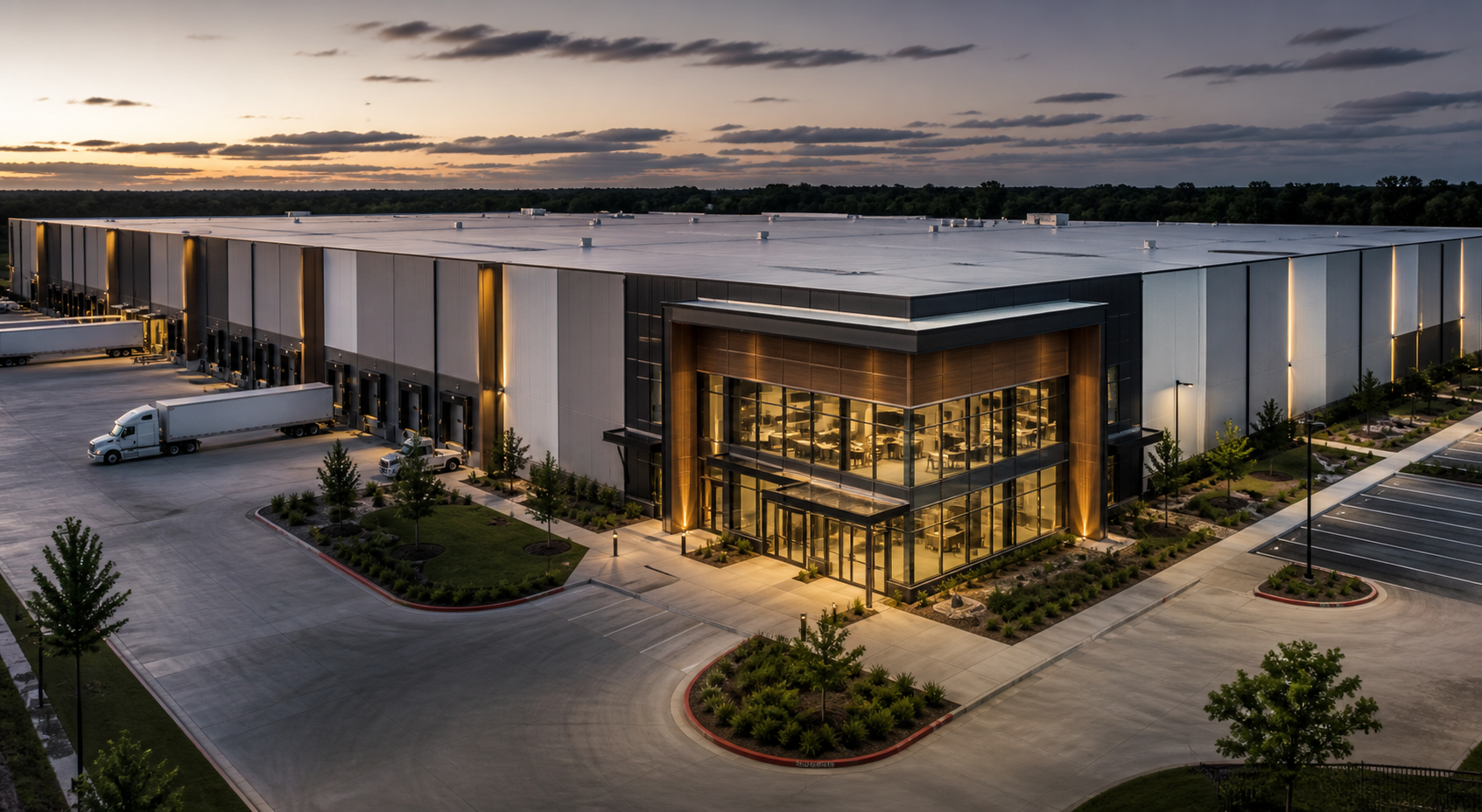 Modern industrial distribution facility with a large low-slope roof