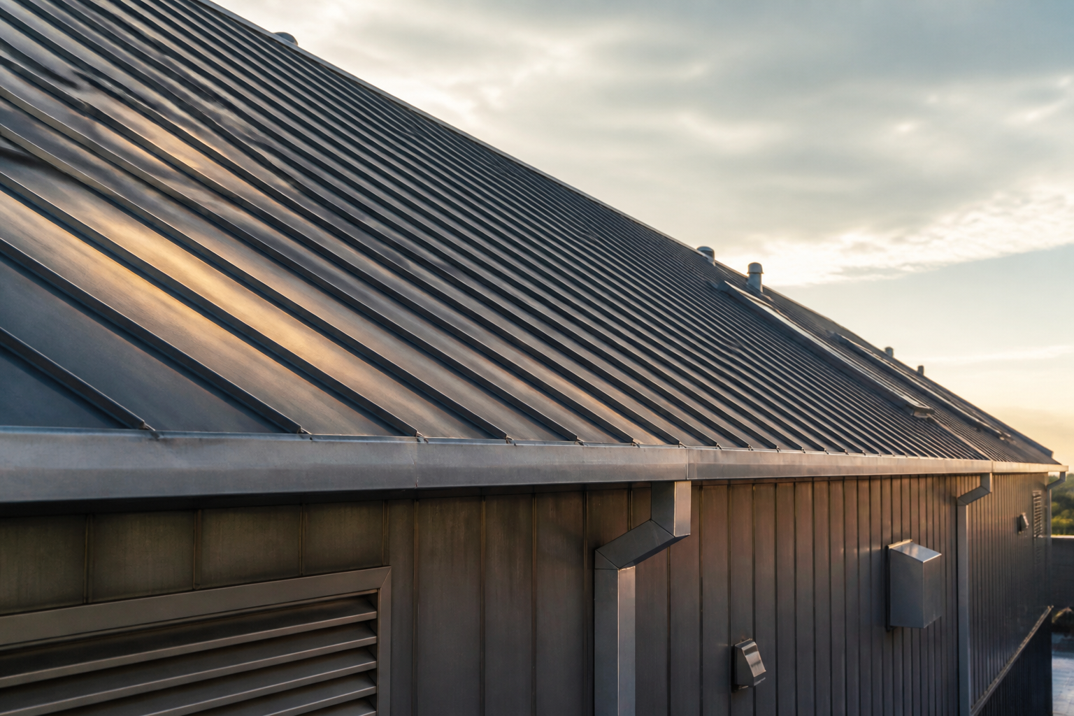 Architectural standing-seam metal roof on a commercial facility