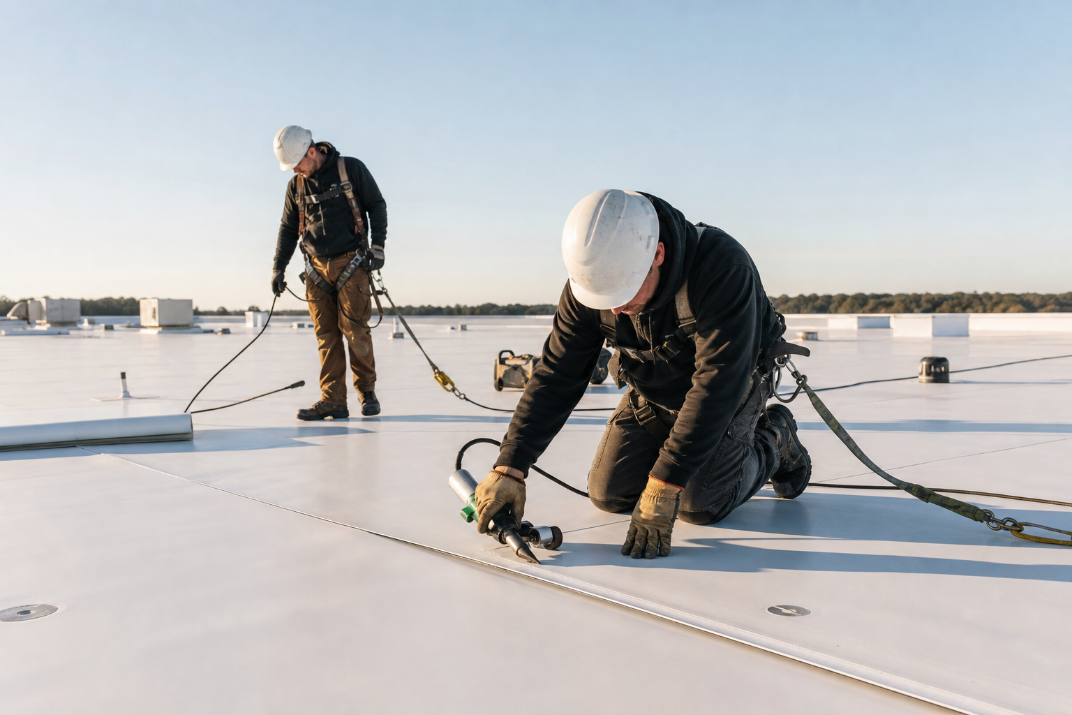 Commercial roofing crew working on a white single-ply membrane system